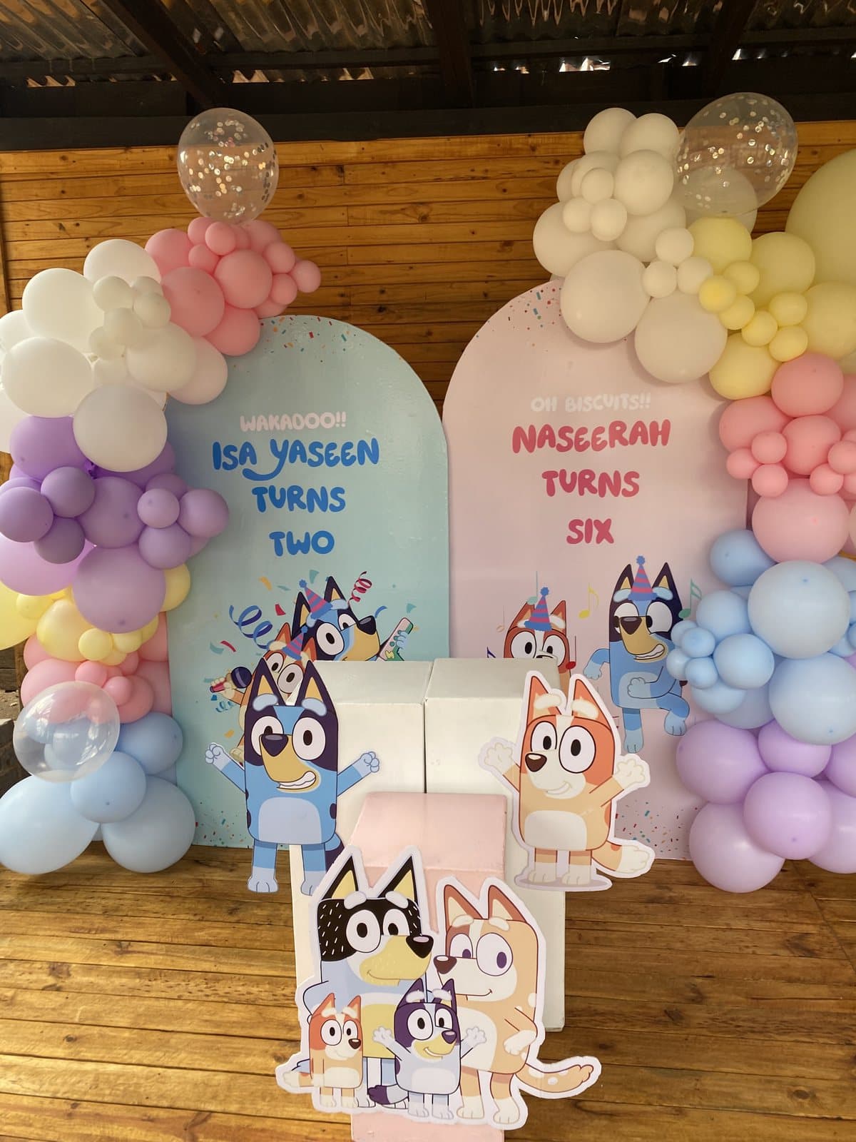 Pastel tombstone-shaped balloon boards with Bluey cutouts for a joint birthday party