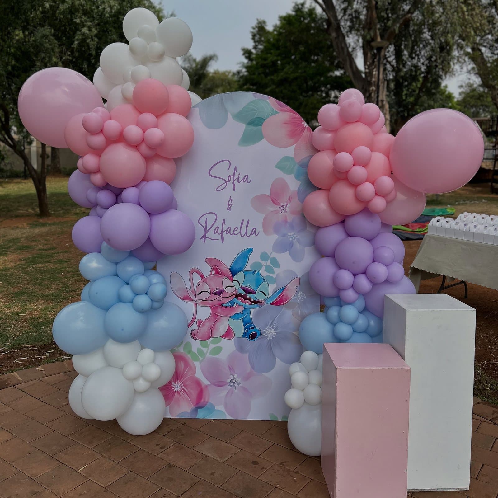 Pastel pink, purple and blue balloon backdrop with a custom sign for a joint birthday celebration